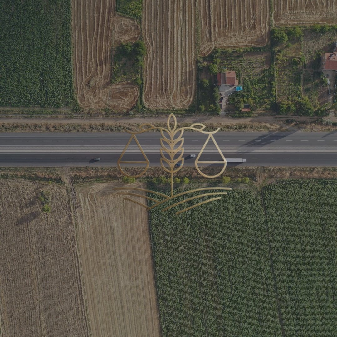 Vista aérea de uma estrada rural cortando talhões de lavoura, com o logotipo da Dra. Ana Paula Conrado sobreposto.