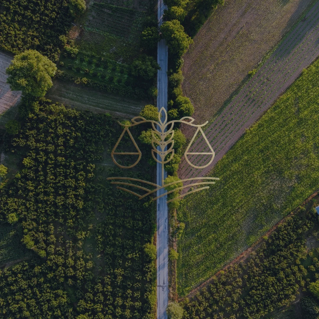 Vista aérea de propriedade rural com áreas de lavoura e mata